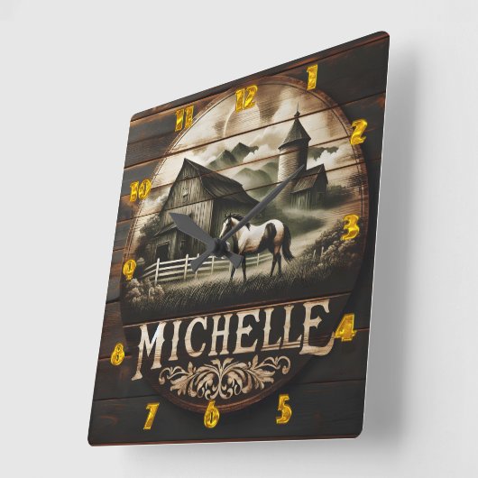 Rustikale Stall- und Pferdedarstellung bei Twiligh Quadratische Wanduhr (Winkel)