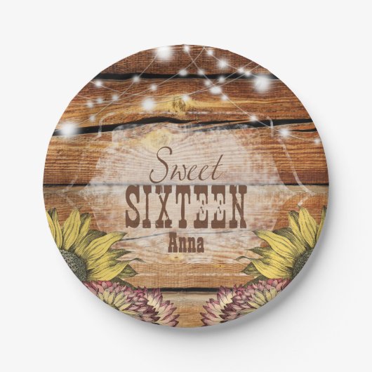 Rustikale Stallenholz-Streichelleuchten Sonnenblum Pappteller (Vorderseite)