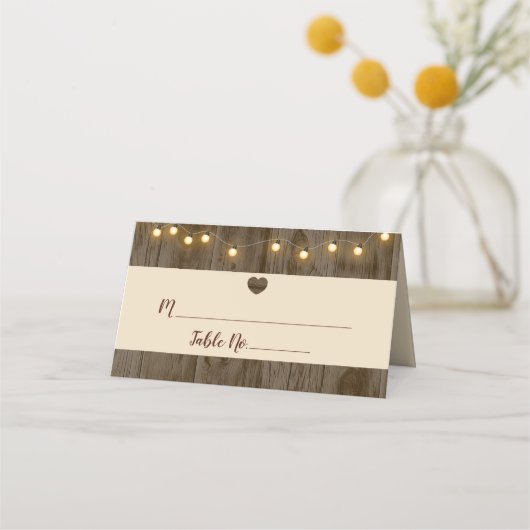 Rustikale Stallenholz-Streichellichter Hochzeittis Platzkarte (Vorderseite)