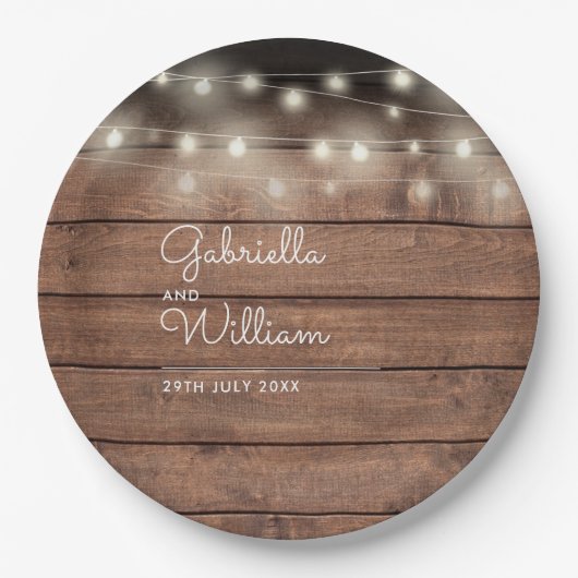 Rustikale Stallenholz-String-Lights SkriptWedding Pappteller (Vorderseite)