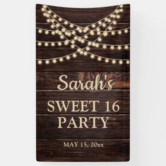 Rustikale Stallenholz-String-Lights Sweet 16 Name Banner (Vertikal)