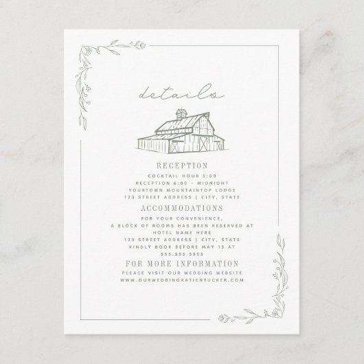 Rustikale Stallfläche Grüne weiße Hochzeit im Herb Begleitkarte (Vorderseite)