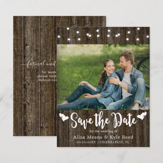 Rustikale Stallholz-String-Leuchten Fotokarte (Vorne/Hinten)