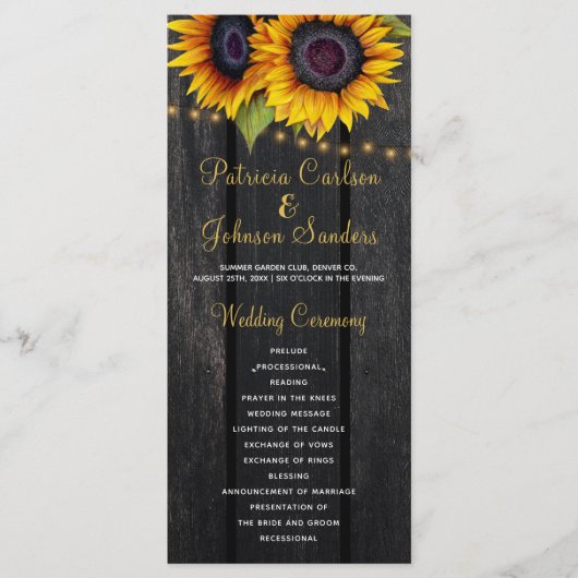 Rustikale Stallsonnenblumen Hochzeitsprogramm Programm (Vorderseite)