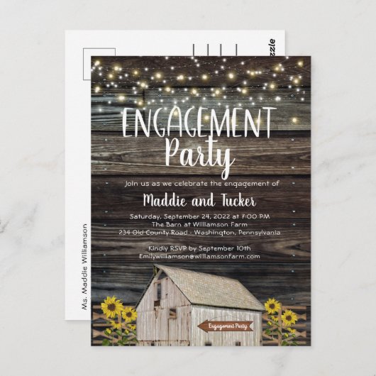 Rustikale Stallsonnenblumen-Partei für Holzengagie Postkarte (Vorne/Hinten)