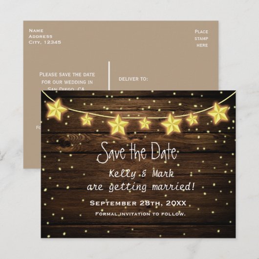 Rustikale Star-Leuchten Save the Date Postkarte (Vorne/Hinten)