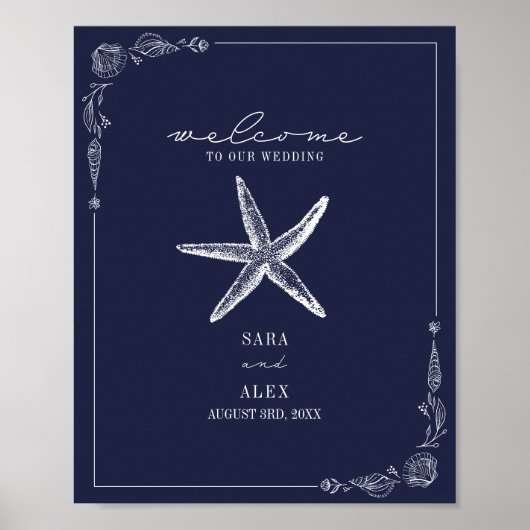 Rustikale Starfish Dark Blue Beach Hochzeit Willko Poster (Vorne)