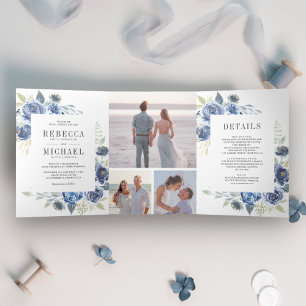 Rustikale staubblaue Blumen-Foto-Collage-Hochzeit Dreifach Gefaltete Einladung