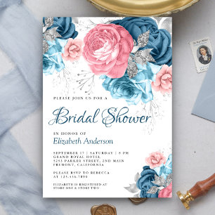 Rustikale Staubblaue Rosa Florale Rosen-Hochzeitsd Einladung