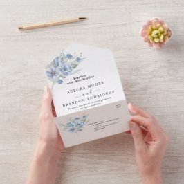 rustikale, staubblaue Wasserfarben-Blumen & Blätte All In One Einladung