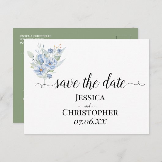 rustikale staubblaue Wasserfarben Blumen & Blätter Ankündigungspostkarte (Vorne/Hinten)