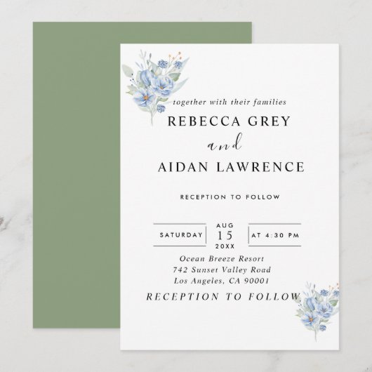 rustikale staubblaue Wasserfarben Blumen & Blätter Einladung (Vorne/Hinten)
