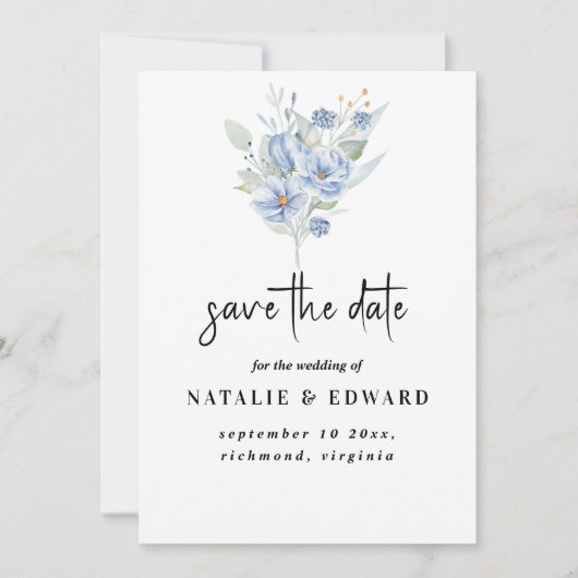 rustikale staubblaue Wasserfarben Blumen & Blätter Save The Date (Vorderseite)