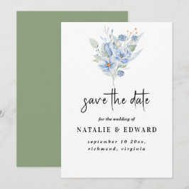 rustikale staubblaue Wasserfarben Blumen & Blätter Save The Date