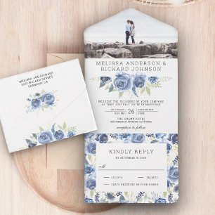 Rustikale staubige blaue graue Blumen Hochzeitsfot All In One Einladung