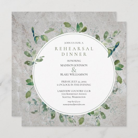 Rustikale Steingrün Probe Abendessen Einladung (Vorne/Hinten)