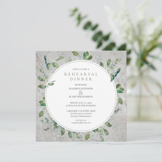 Rustikale Steingrün Probe Abendessen Einladung (Stehend Vorderseite)