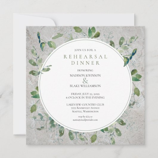 Rustikale Steingrün Probe Abendessen Einladung (Vorderseite)