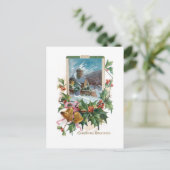 Rustikale Steinkirche im Winter mit Holly Postkarte (Stehend Vorderseite)