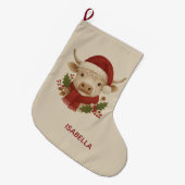 Rustikale Stickerei Hochland Kuh mit Weihnachtsman Großer Weihnachtsstrumpf (Vorderansicht (hängend))