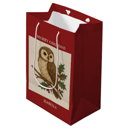 Rustikale Stickerei Weihnachtsschale mit Holly Mittlere Geschenktüte (Vorderseite Schrägansicht)