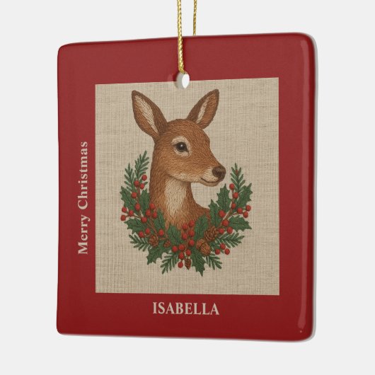 Rustikale Stickereien Grüntöne Weihnachten Keramikornament (Links)