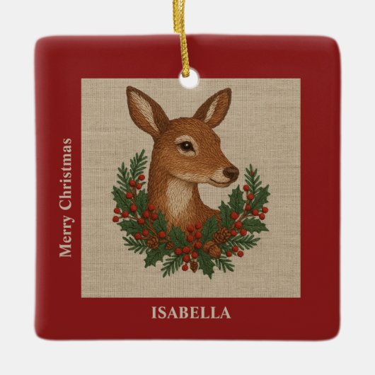 Rustikale Stickereien Grüntöne Weihnachten Keramikornament (Vorderseite)