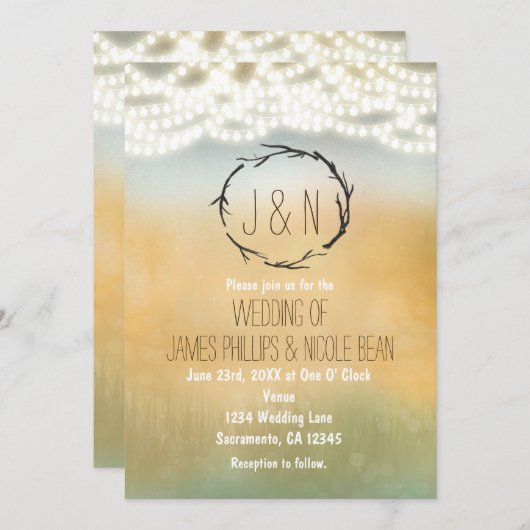 Rustikale Sticks Wreath & Lights Hochzeitseinladun Einladung (Vorne/Hinten)