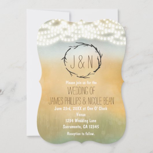 Rustikale Sticks Wreath & Lights Hochzeitseinladun Einladung (Vorderseite)