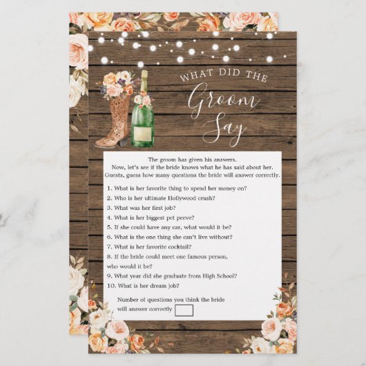 Rustikale Stiefel & Brautparty Groom Say Game (Vorne/Hinten)