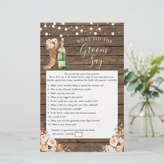 Rustikale Stiefel & Brautparty Groom Say Game (Stehend Vorderseite)