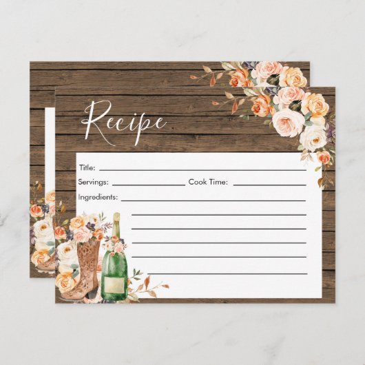 Rustikale Stiefel & Bubbly Brautparty Rezept Card Einladung (Vorne/Hinten)