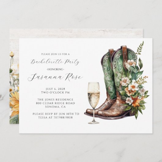 Rustikale Stiefel Bubbly Junggeselinnen-Abschied Einladung (Vorne/Hinten)