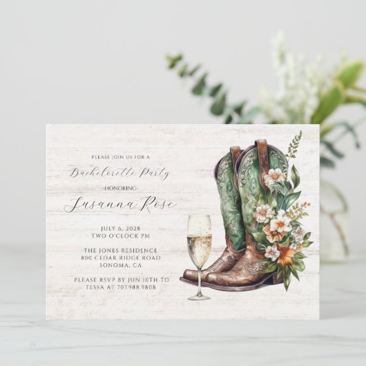 Rustikale Stiefel Bubbly Junggeselinnen-Abschied Einladung (Stehend Vorderseite)