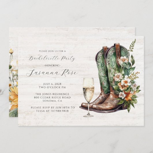 Rustikale Stiefel Bubbly Junggeselinnen-Abschied Einladung (Vorne/Hinten)