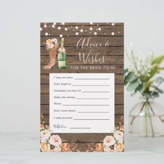 Rustikale Stiefel & Bubbly Ratschläge & Wunschkart (Stehend Vorderseite)