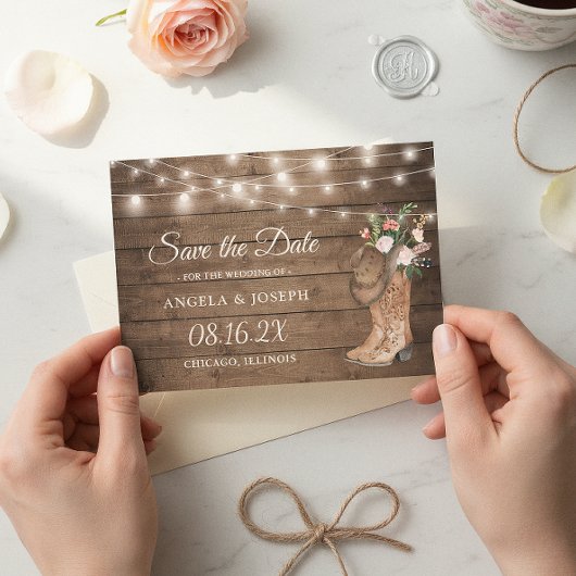 Rustikale Stiefel florale String Lights Hochzeit Save The Date