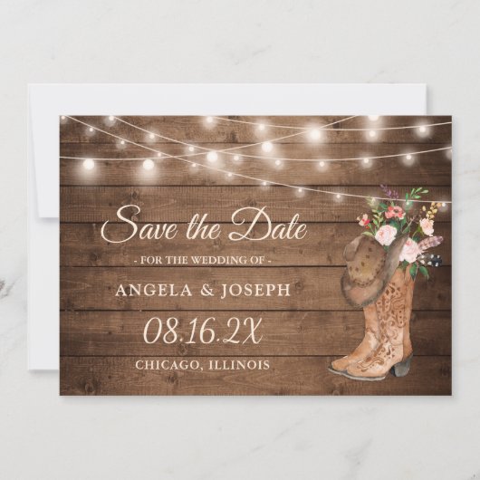 Rustikale Stiefel florale String Lights Hochzeit Save The Date (Vorderseite)