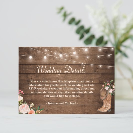 Rustikale Stiefel florale String Lights Hochzeitde Begleitkarte (Stehend Vorderseite)