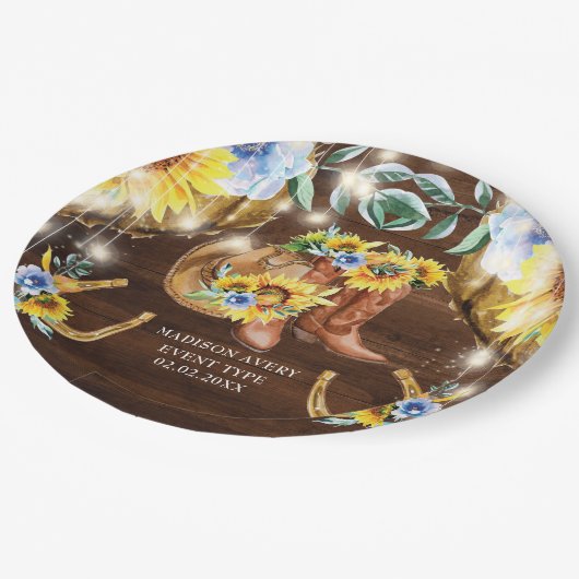 Rustikale Stiefel mit Blumenzellenleuchten Persona Pappteller (Schrägansicht)