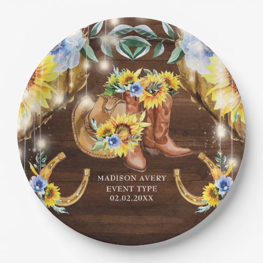 Rustikale Stiefel mit Blumenzellenleuchten Persona Pappteller (Vorderseite)