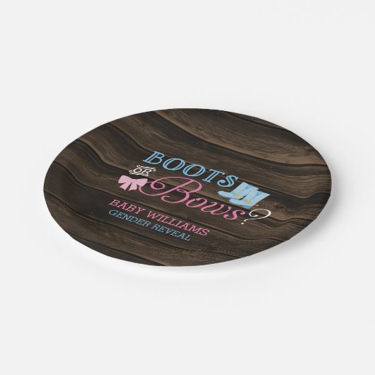 Rustikale Stiefel oder Bows Gender Reveal Baby Dus Pappteller (Schrägansicht)