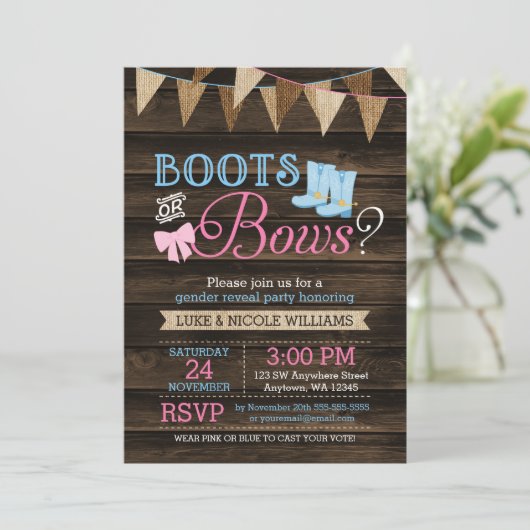 Rustikale Stiefel oder Bows Gender Reveal Baby Sho Einladung (Stehend Vorderseite)