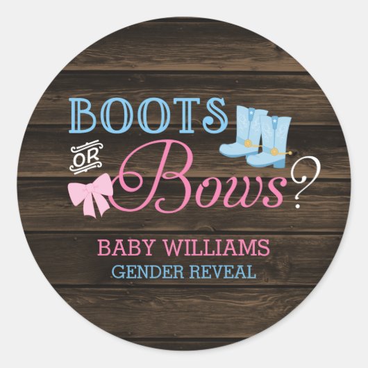 Rustikale Stiefel oder Bows Gender Reveal Baby Sho Runder Aufkleber (Vorderseite)