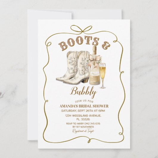 Rustikale Stiefel und bubbly Brautparty Einladung (Vorderseite)