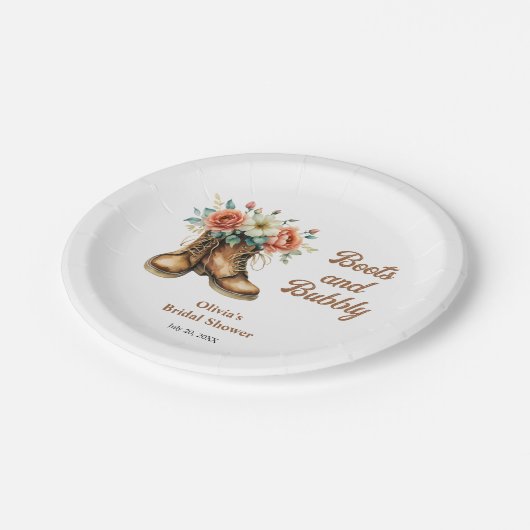 Rustikale Stiefel und Bubbly Western Brautparty Pappteller (Schrägansicht)