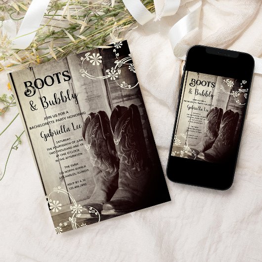 Rustikale Stiefel und Bubbly Western Junggeselinne Einladung