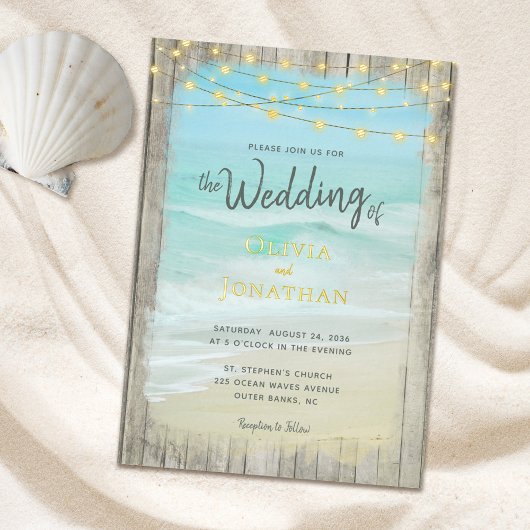 Rustikale Strand-Lichterkette Goldfolie Hochzeit Folieneinladung