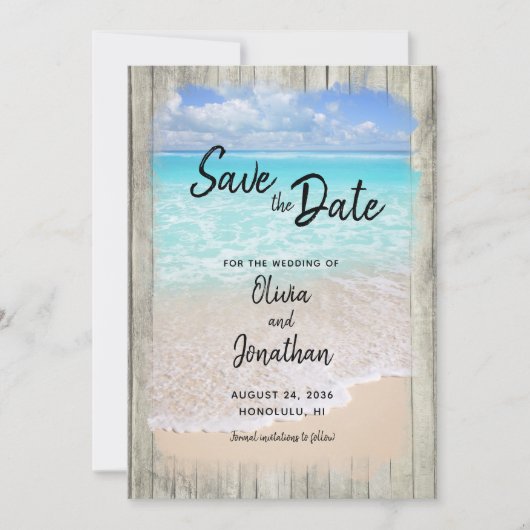 Rustikale Strandhochzeit mit aquablauem Ozean  Save The Date (Vorderseite)