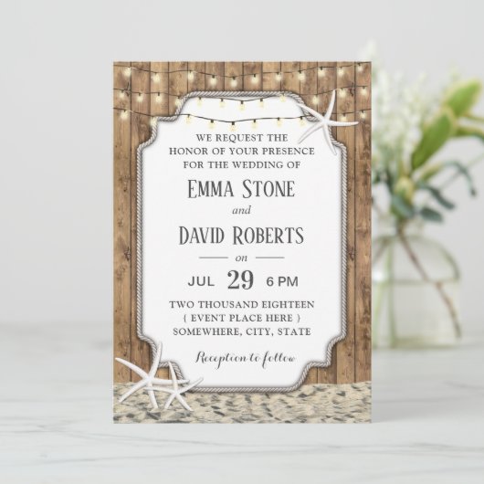 Rustikale Strandhochzeiten, Starfish & String Ligh Einladung (Stehend Vorderseite)